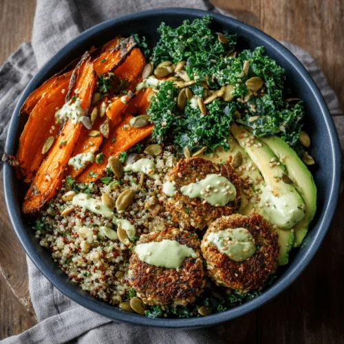 Vibrant Veggie Grain Bowl with Falafel and Creamy Avocado Dressing