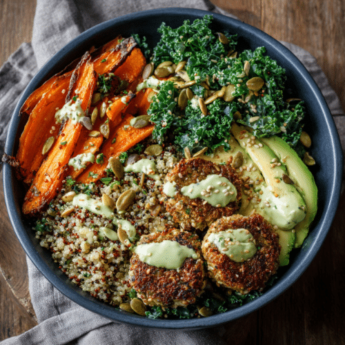 Vibrant Veggie Grain Bowl with Falafel and Creamy Avocado Dressing