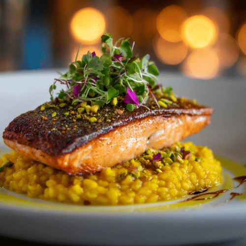 Crispy Skin Salmon with Saffron Barley Risotto