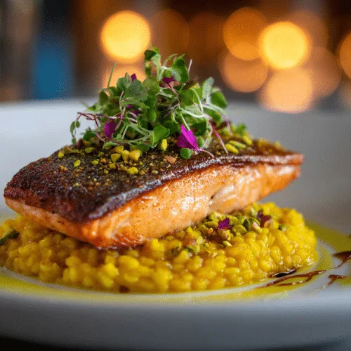 Crispy Skin Salmon with Saffron Barley Risotto