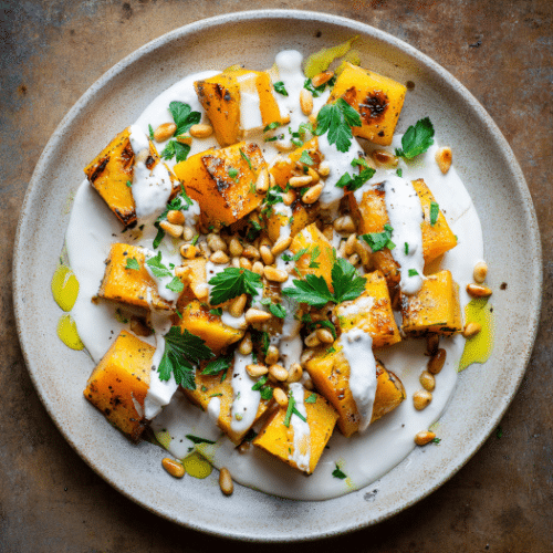 Roasted Butternut Squash with Tahini Yogurt and Pine Nuts