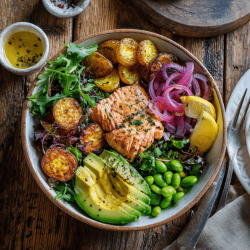 Salmon & Avocado Power Bowl with Crispy Potatoes