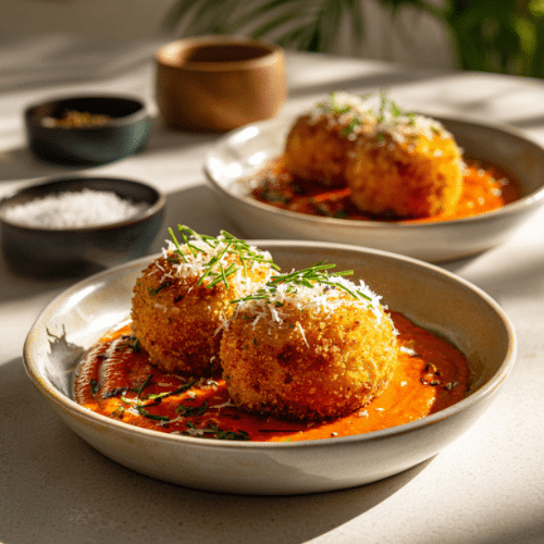 Crispy Arancini with Roasted Red Pepper Sauce