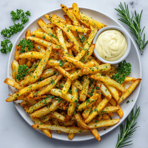 Crispy Garlic Herb Fries with Spicy Aioli