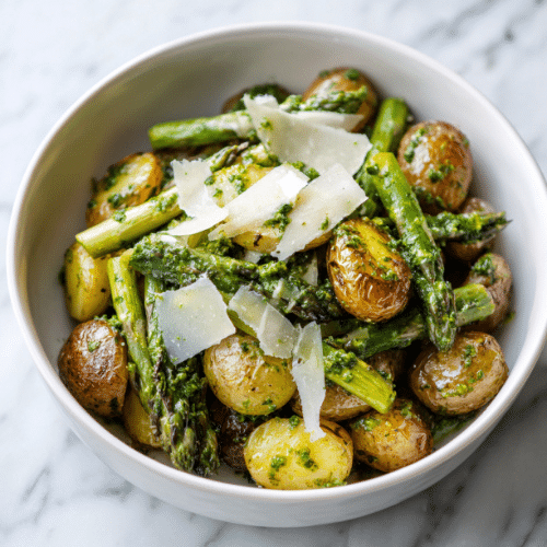 Roasted Baby Potatoes & Asparagus with Pesto and Parmesan