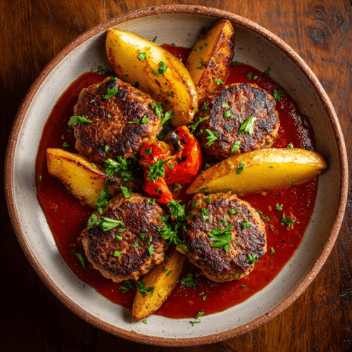 Middle Eastern Kofta Bil Sanieh (Baked Kofta with Potatoes and Tomatoes)