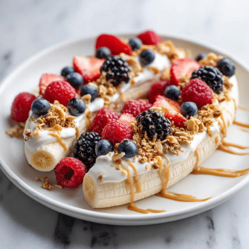Breakfast Banana Split with Berries, Yogurt & Almond Butter