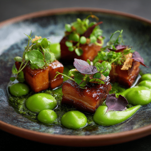 Sous‑Vide Pork Belly with Pea Purée, Apple Foam & Mustard Aioli