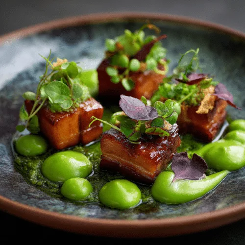 Sous‑Vide Pork Belly with Pea Purée, Apple Foam & Mustard Aioli