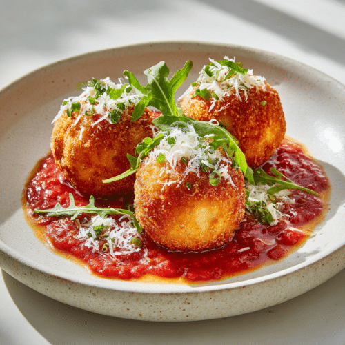 Crispy Arancini with Spicy Tomato Sauce and Arugula
