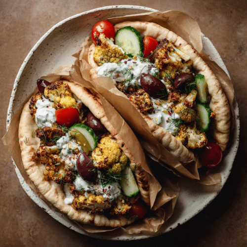 Mediterranean Roasted Cauliflower Gyros with Tzatziki
