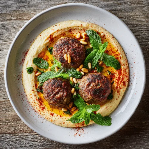 Turkish Kofta with Creamy Hummus and Toasted Pine Nuts