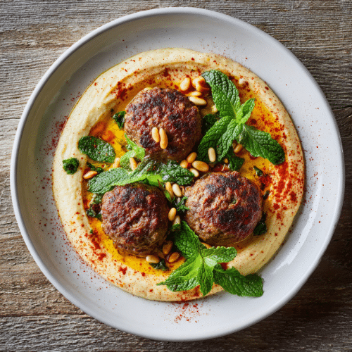 Turkish Kofta with Creamy Hummus and Toasted Pine Nuts