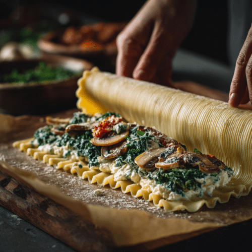 Mushroom and Kale Lasagna Roll-Ups with Ricotta
