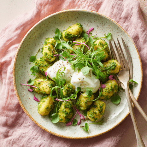 Crispy Gnocchi with Pesto and Burrata