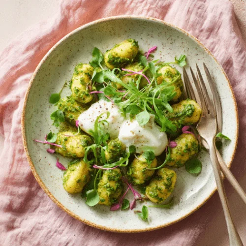 Crispy Gnocchi with Pesto and Burrata
