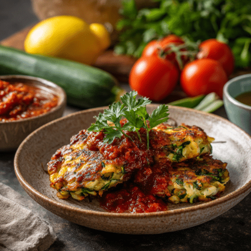 Zucchini Feta Fritters in Tomato Herb Sauce