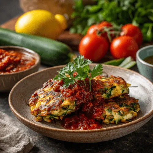 Zucchini Feta Fritters in Tomato Herb Sauce