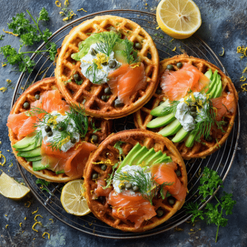 Savory Waffles with Smoked Salmon, Avocado, and Herb Yogurt