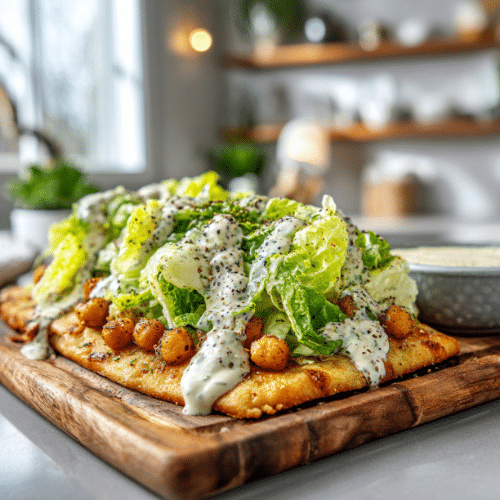 Crispy Chickpea Flatbread with Creamy Caesar Salad Topping