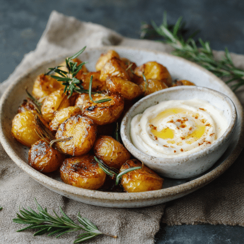 Crispy Roasted Baby Potatoes with Garlic Dip