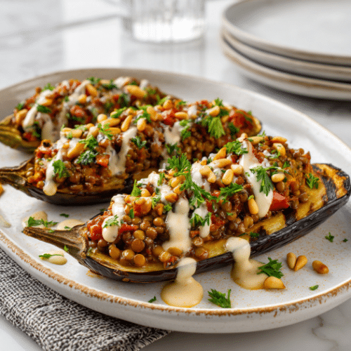Roasted Stuffed Eggplants with Lentils and Tahini Drizzle