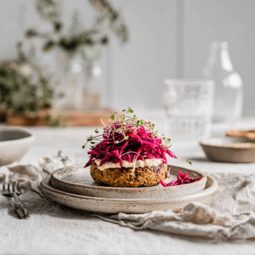 Lentil Veggie Burgers with Beet Slaw and Cashew Aioli