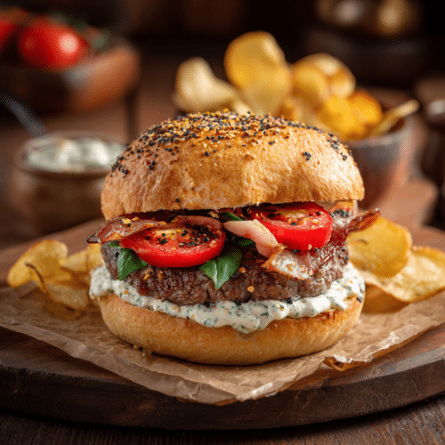 The Gourmet Beef Burger with Creamy Garlic Sauce and Fresh Toppings