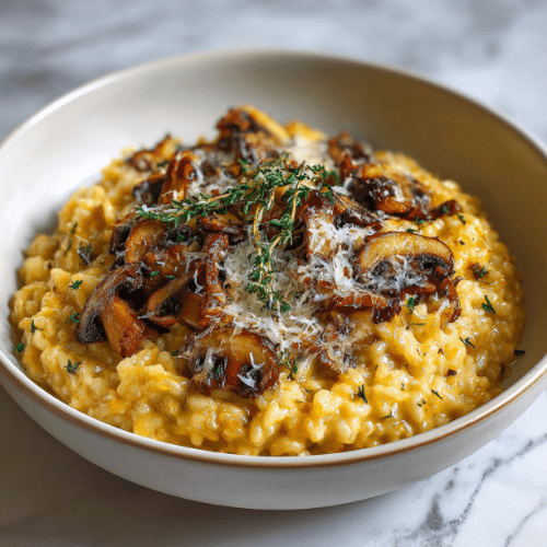 Creamy Pumpkin Risotto with Garlic Butter Mushrooms