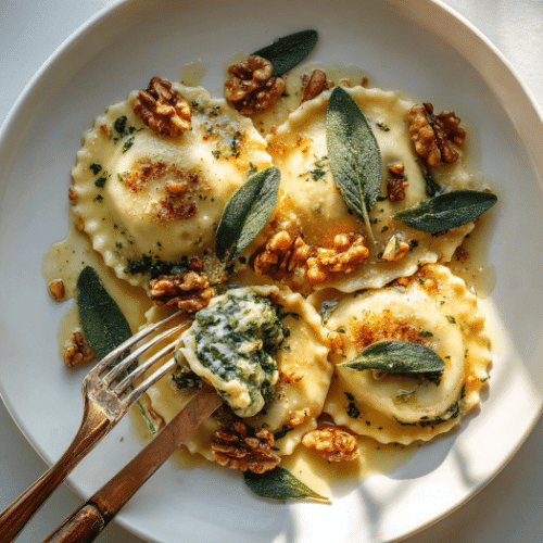 Spinach Ricotta Ravioli with Brown Butter Sage Sauce