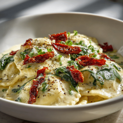 Spinach Ricotta Ravioli with Creamy Garlic Sauce & Sun-Dried Tomatoes