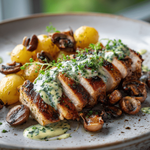 Herb Cream Chicken with Roasted Potatoes & Sautéed Mushrooms