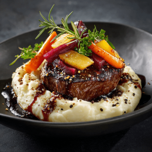 Herb-Crusted Filet Mignon with Red Wine Reduction & Root Veg on Creamy Mash