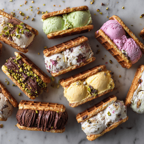 Waffle Ice Cream Sandwiches with Pistachio Crust