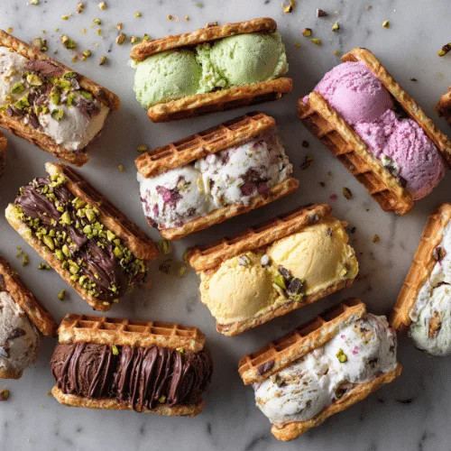 Waffle Ice Cream Sandwiches with Pistachio Crust