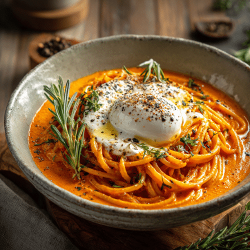Roasted Red Pepper Spaghetti with Burrata & Rosemary
