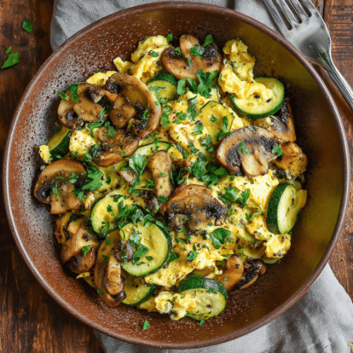 Scrambled Eggs with Sautéed Mushrooms and Zucchini