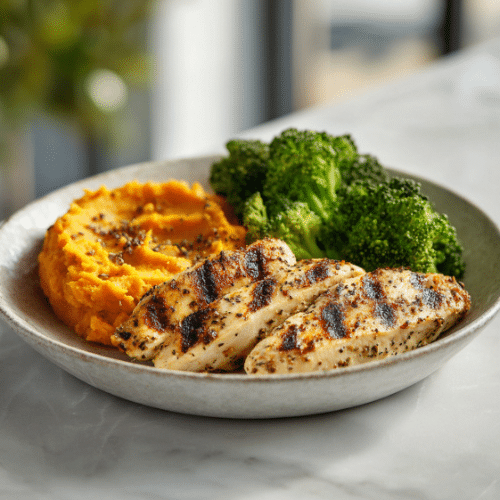 Grilled Chicken with Sweet Potato Mash and Steamed Broccoli