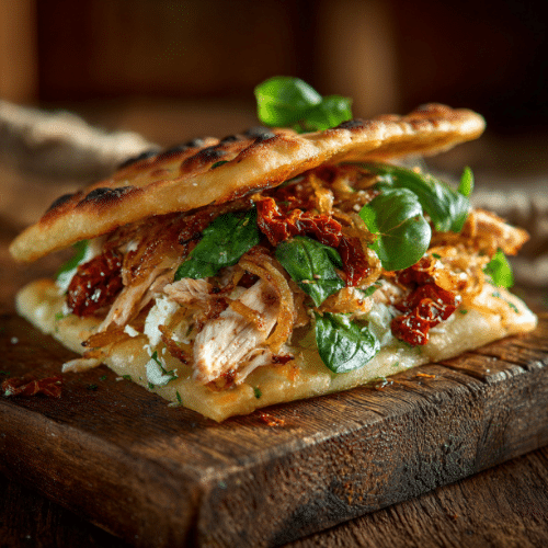 Wood-Fired Chicken and Crispy Onion Flatbread Sandwich