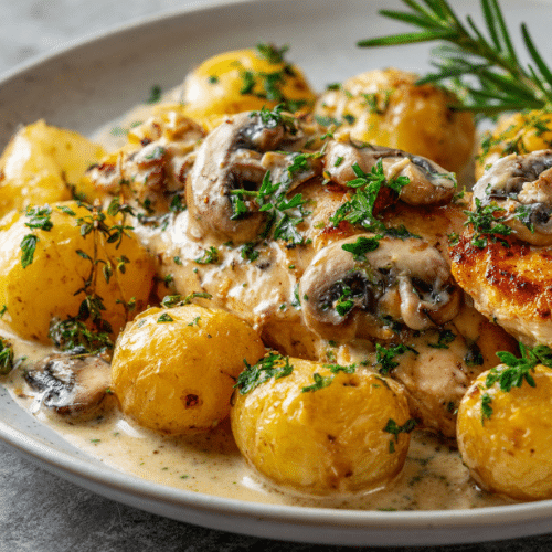 Creamy Mushroom Chicken with Roasted Potatoes