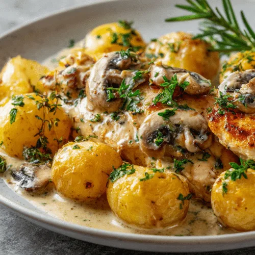 Creamy Mushroom Chicken with Roasted Potatoes
