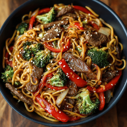 Beef Stir Fry Noodles with Broccoli and Bell Peppers
