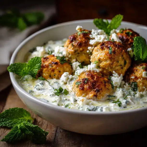 Herbed Chicken Meatballs with Feta & Mint Yogurt Sauce