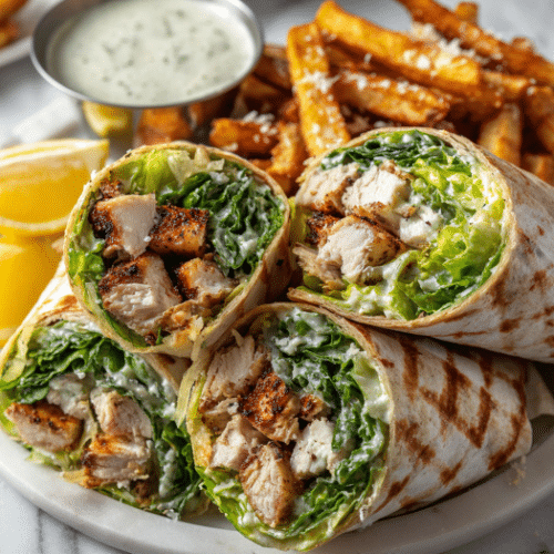 Chicken Caesar Salad Wraps with Parmesan Fries