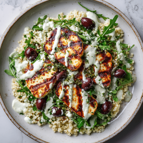 Grilled Halloumi with Couscous & Yogurt-Mint Sauce