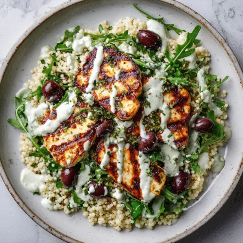 Grilled Halloumi with Couscous & Yogurt-Mint Sauce