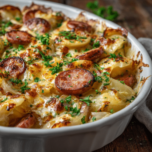 Cheesy Kielbasa and Pierogi Bake