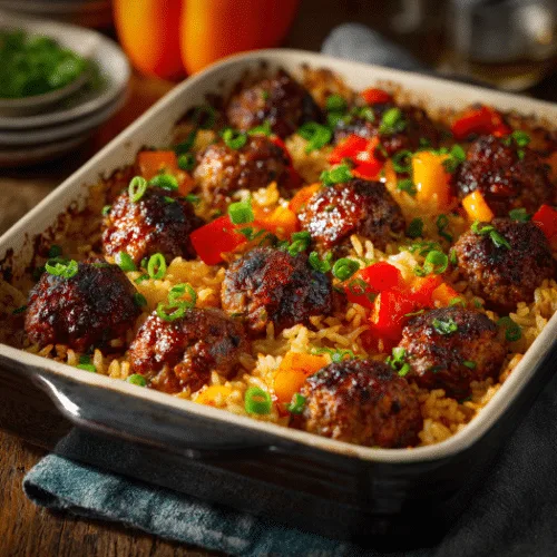 Sweet & Savory Meatball Rice Bake