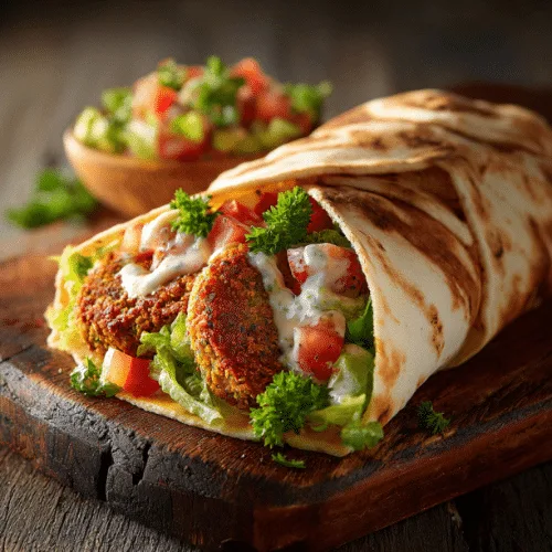 Crispy Falafel Wrap with Fresh Veggies & Tahini Sauce