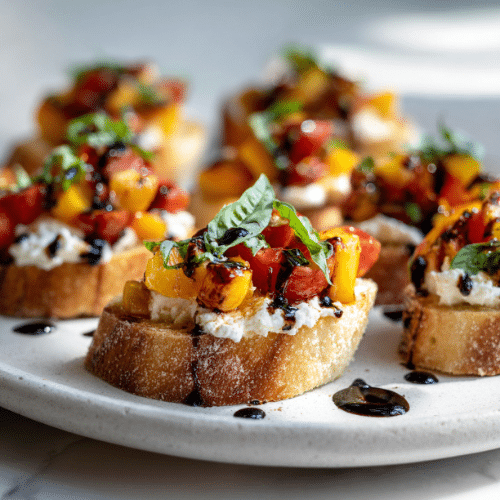 Peach Tomato Ricotta Crostini with Balsamic Glaze